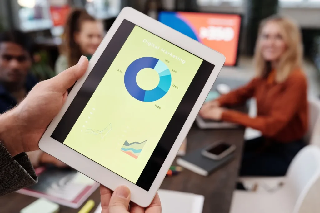 Painel de marketing digital exibido em tablet