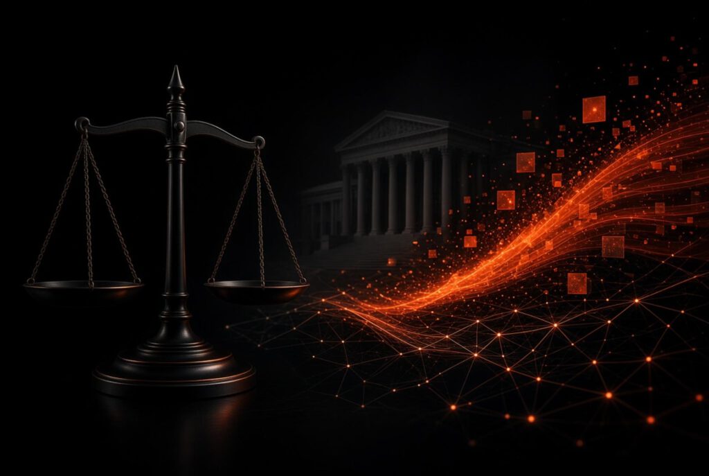Balança da justiça em fundo digital.