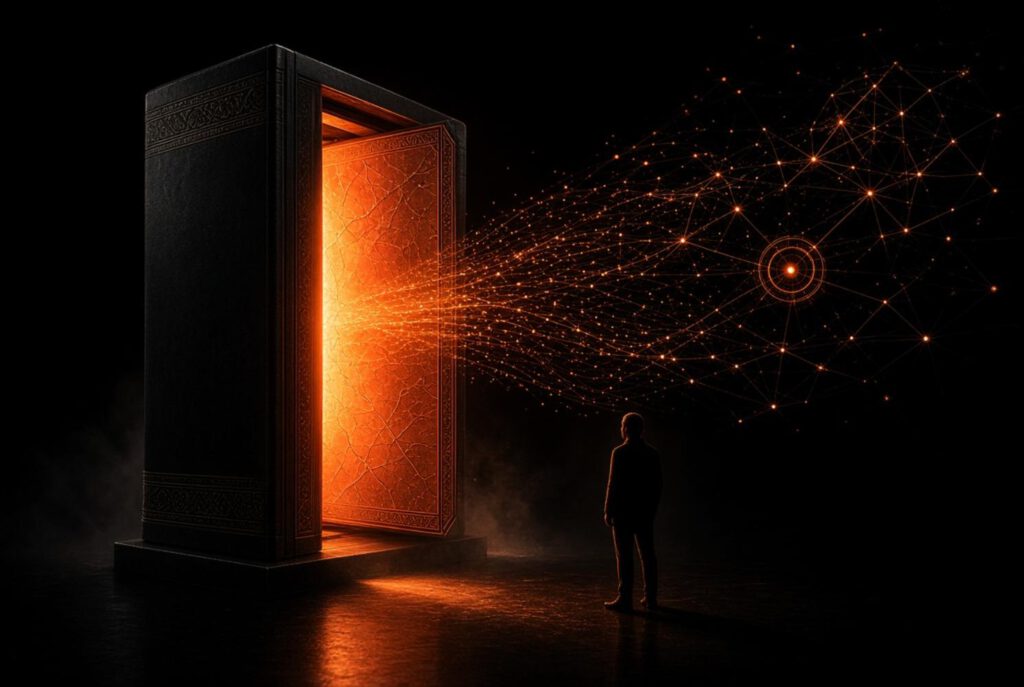 Porta iluminada com conexão misteriosa.
